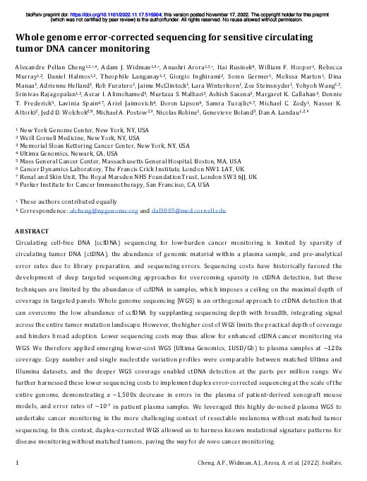 Cover page of an article named Whole genome error-corrected sequencing for sensitive circulating tumor DNA cancer monitoring.